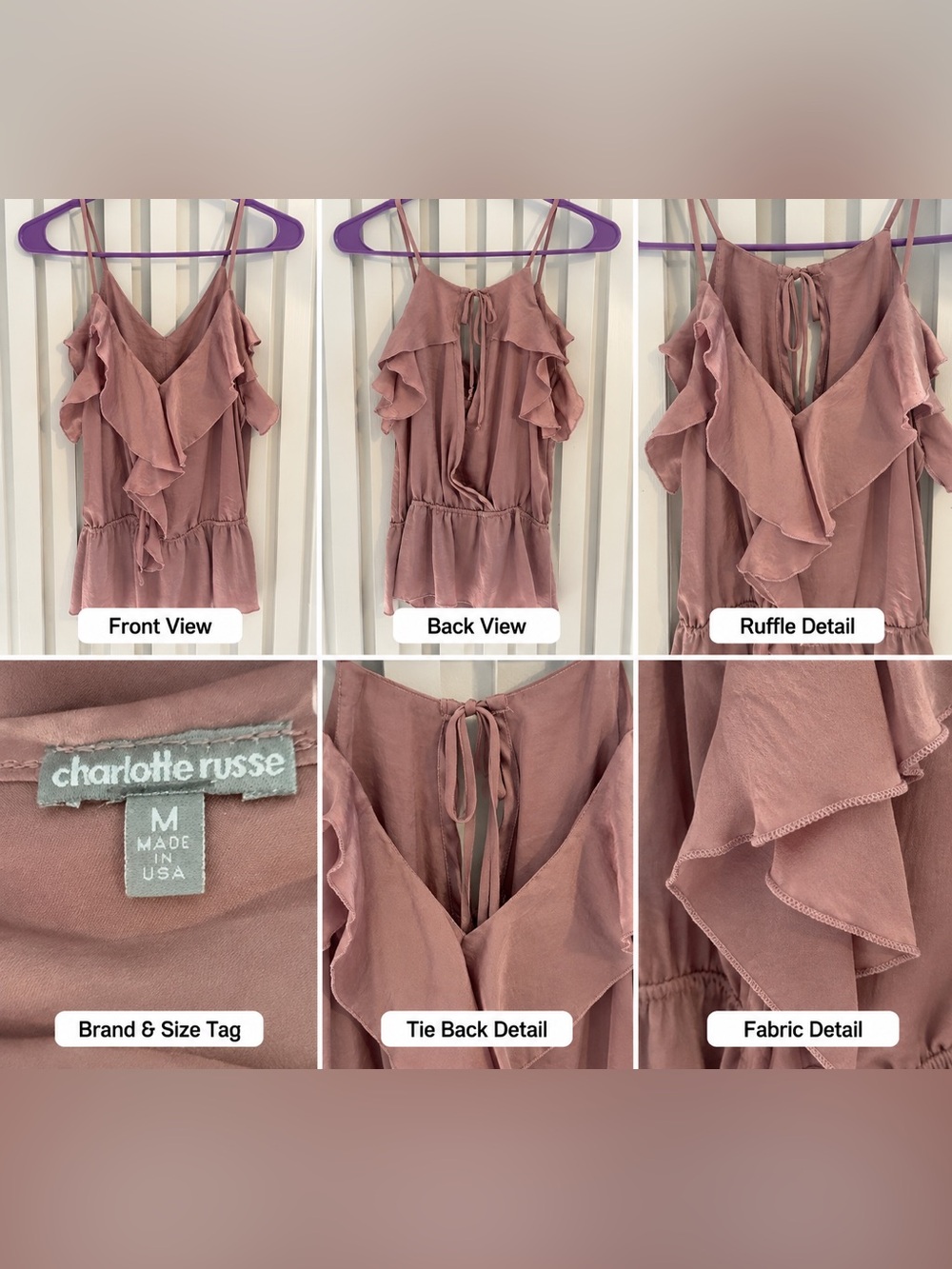Charlotte Russe dusty mauve ruffle tie-back camisole